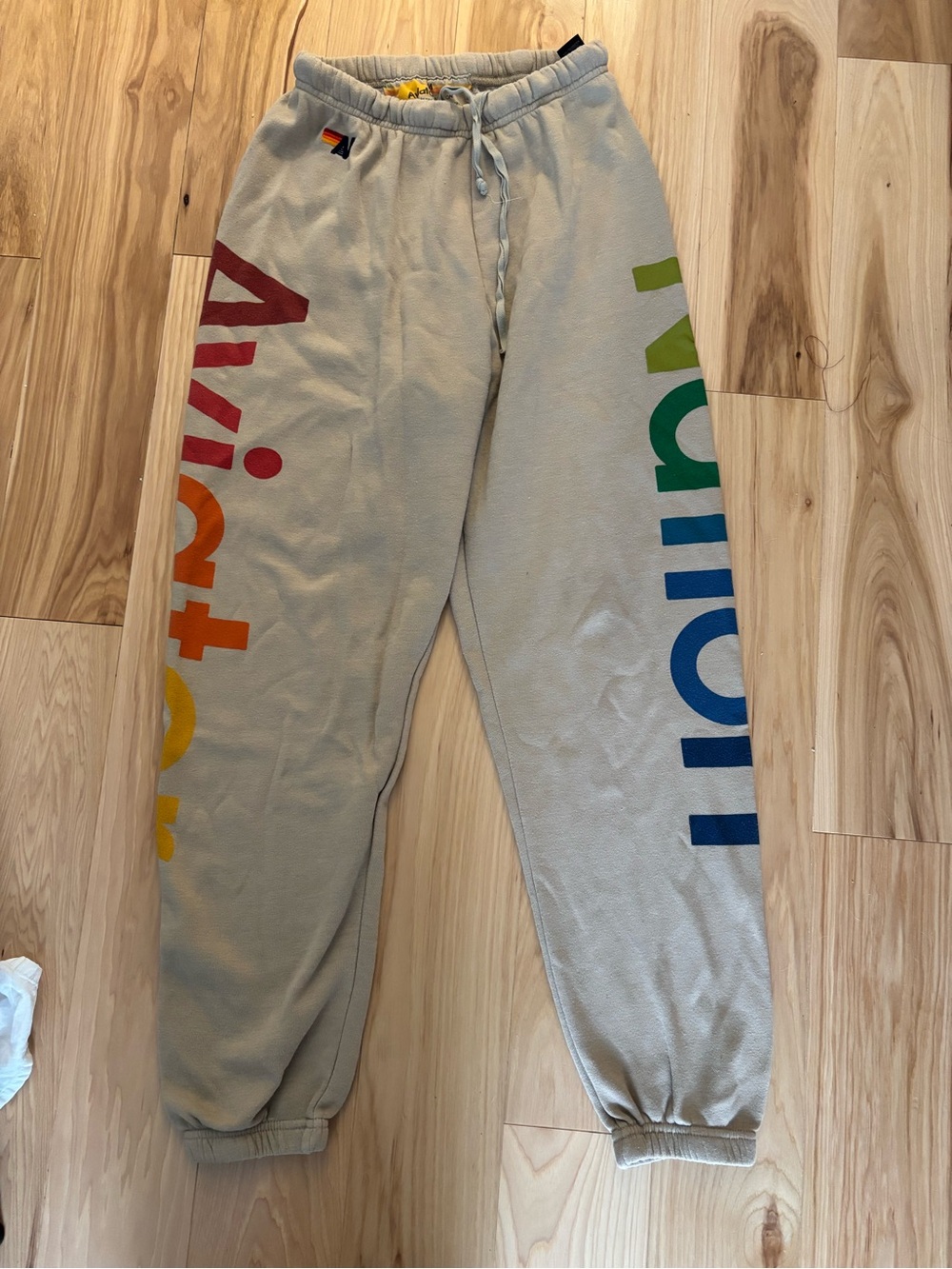 Aviator Nation sand Joggers with Rainbow Side Logo